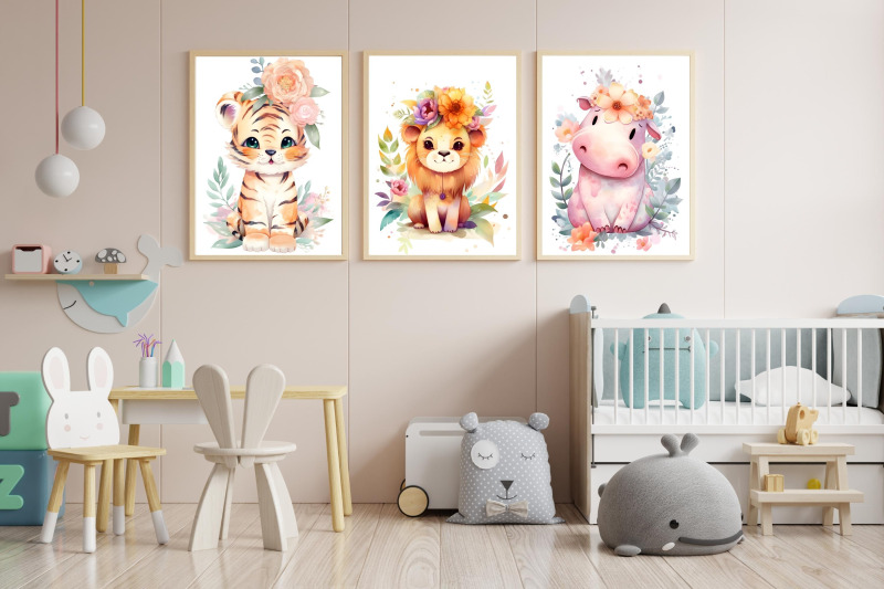 kawaii-baby-animals-nursery-floral-wall-art