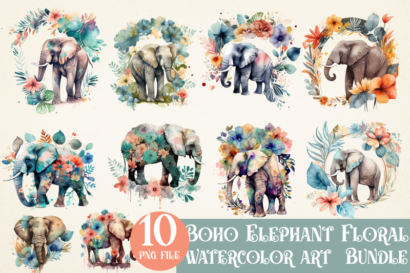 boho-elephant-floral-watercolor-bundle-sublimation-png-file