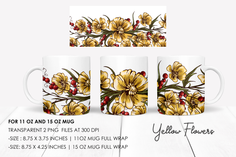 vintage-yellow-floral-mug-sublimation-design-watercolor-png