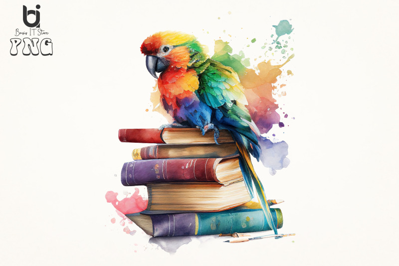 watercolor-cute-parrot-on-books-sublimation-bundle