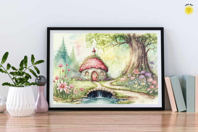 watercolor-fairy-mushroom-house-in-magical-forest-backgrounds