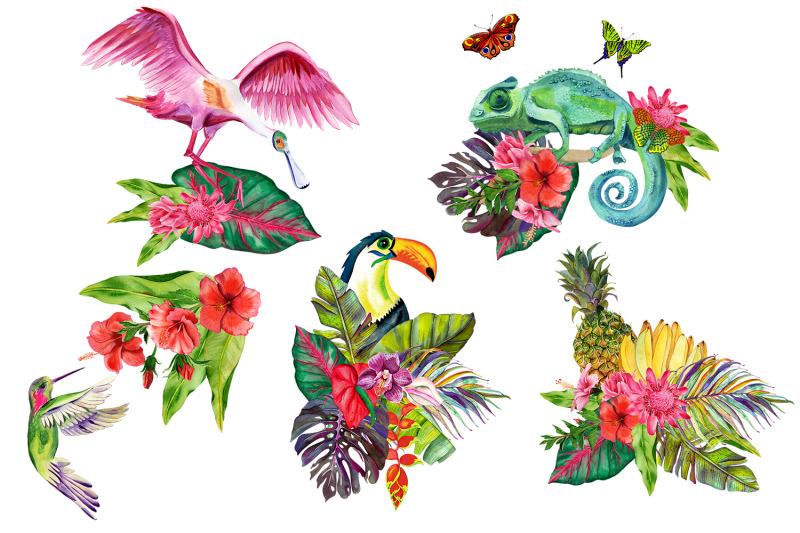 watercolor-tropical-flower-bouquets-clipart