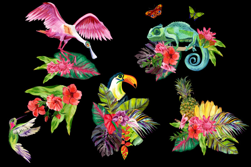 watercolor-tropical-flower-bouquets-clipart