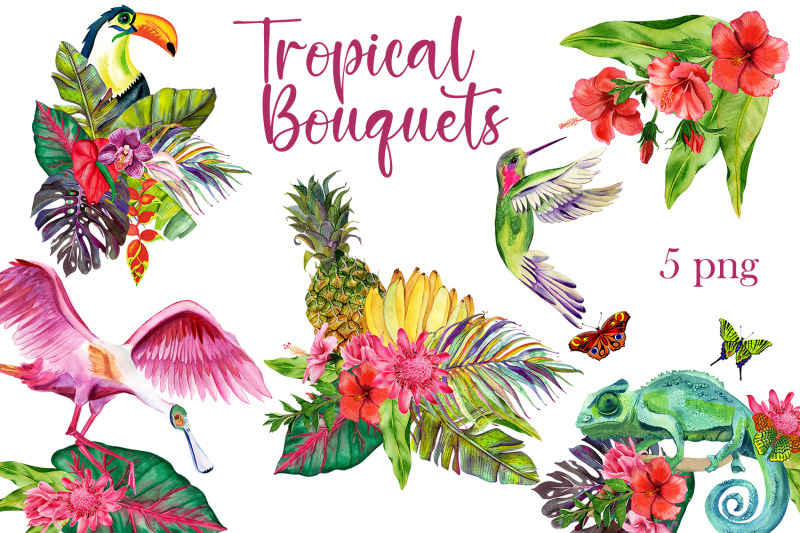 watercolor-tropical-flower-bouquets-clipart