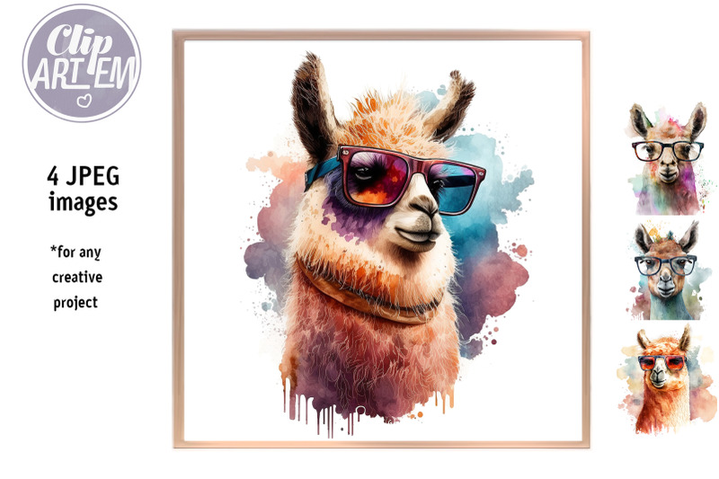 summer-lama-with-glasses-watercolor-artwork-4-jpeg-images-set-wal-art