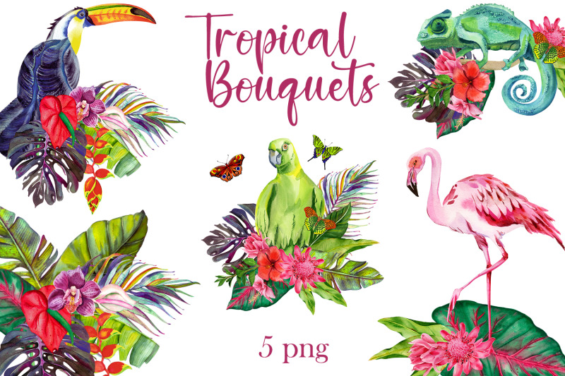 watercolor-tropical-flower-bouquets-clipart