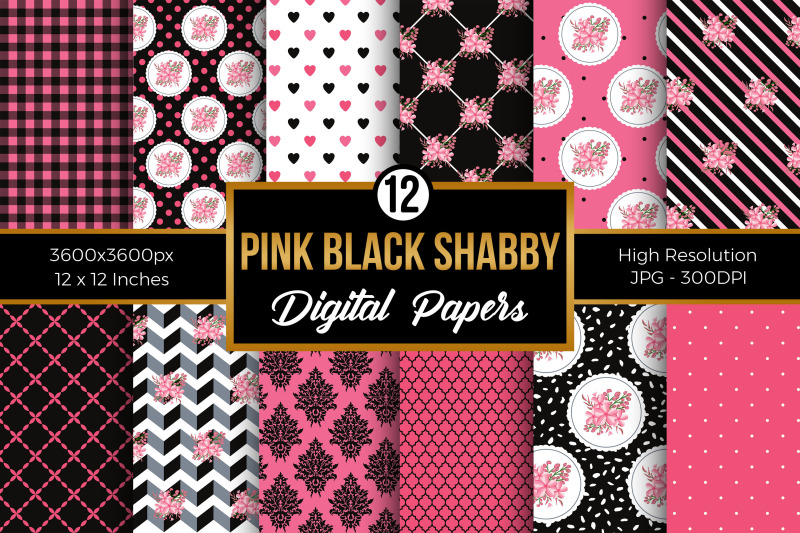 pink-black-shabby-chic-floral-digital-papers