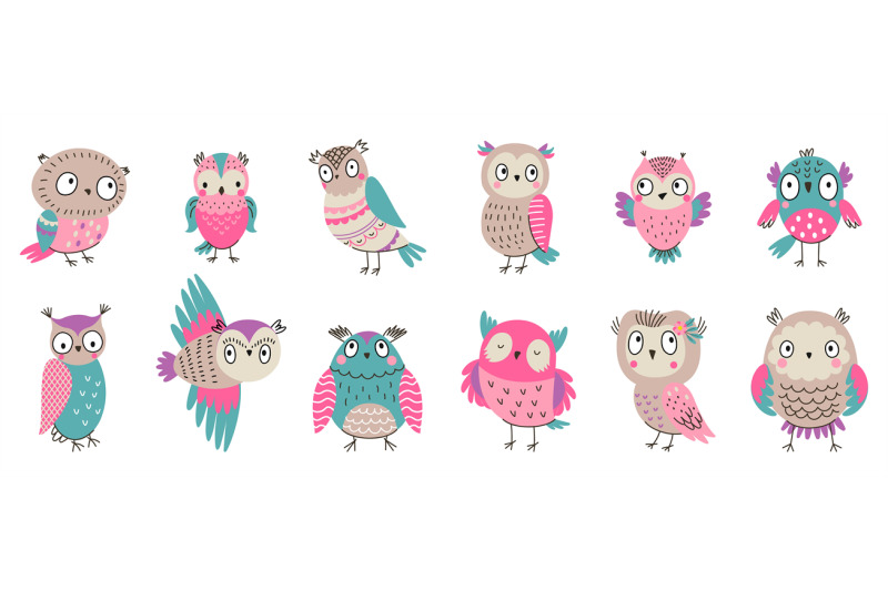 cartoon-owl-characters-cute-owls-set-spring-forest-birds-happy-wild