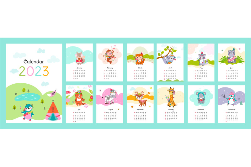 new-year-2023-animal-home-calendar-cute-tribal-penguin-zebra-giraffe