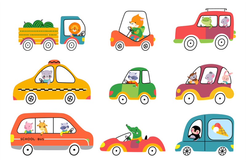 cute-cartoon-animals-drive-cars-trucks-and-bus-yellow-taxi-and-ice-cr