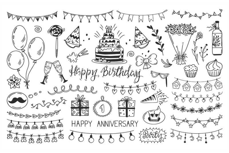 doodle-anniversary-birthday-elements-draw-congratulations-gifts-gar