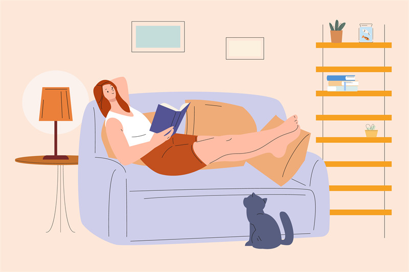 girl-on-sofa-reading-book-woman-rest-home-at-evening-with-cat-weeken