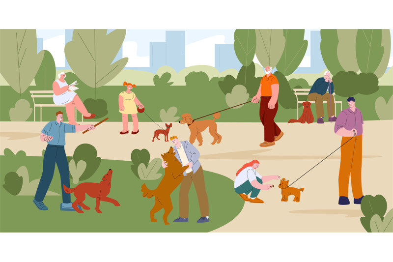 owner-walking-dogs-in-green-park-happy-men-and-women-play-and-trainin