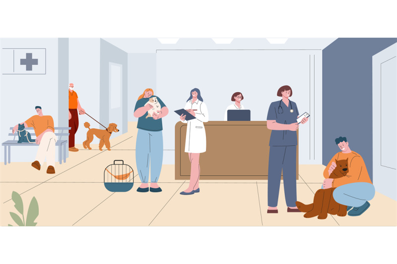 veterinary-clinic-location-with-owner-dogs-cats-hamster-vet-doctors