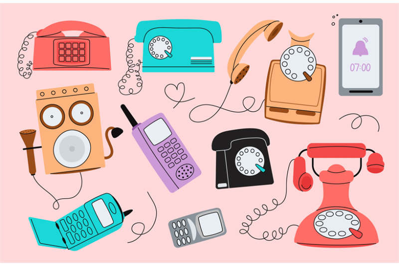 flat-various-telephones-historical-wire-telephone-vintage-communicat