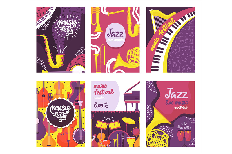 music-festival-posters-with-instruments-jazz-street-fest-flyers-musi