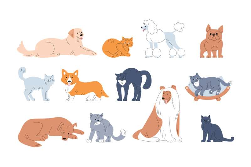 funny-pets-vector-set-painting-cute-dog-various-cats-in-poses-pet-s