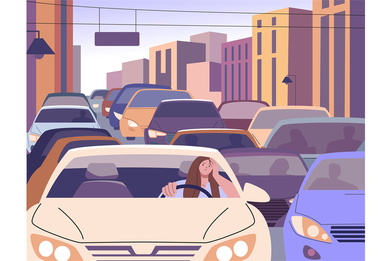 morning-city-traffic-jam-and-sleepy-female-driver-woman-driving-car-s