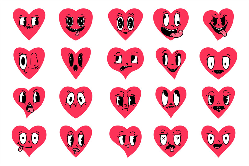 cartoon-emotional-faces-red-hearts-cute-mascot-heart-vintage-emotion