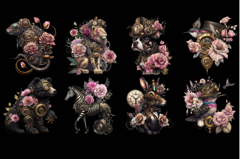 steampunk-animals-clipart-victorian-animal-with-flowers