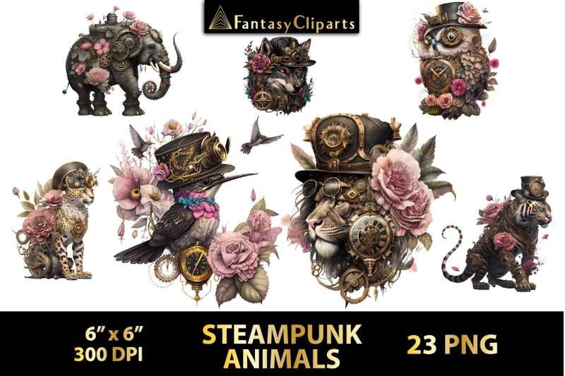 steampunk-animals-clipart-victorian-animal-with-flowers