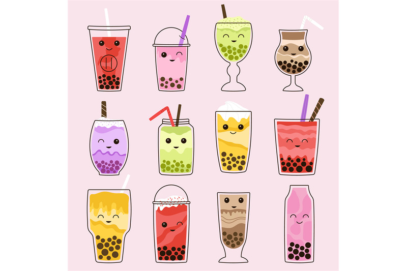 bubble-tea-asian-drink-with-kawaii-faces-kids-mascots-isolated-sweet