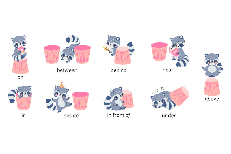 learn-english-prepositions-with-raccoon-cute-raccoons-behind-on-unde