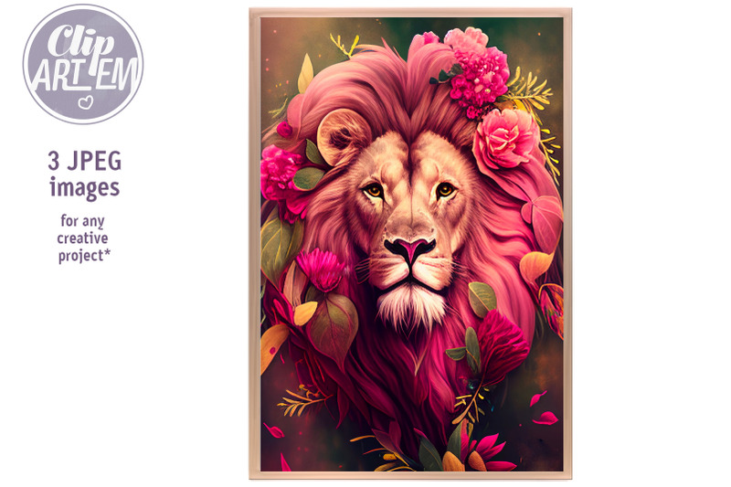 lion-with-pink-mane-floral-artwork-3-watercolor-jpeg-images-set-decor
