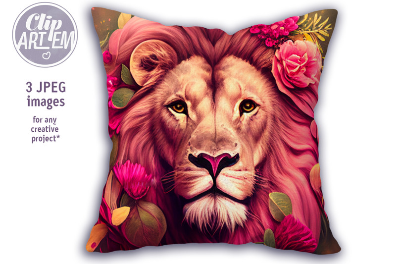 lion-with-pink-mane-floral-artwork-3-watercolor-jpeg-images-set-decor