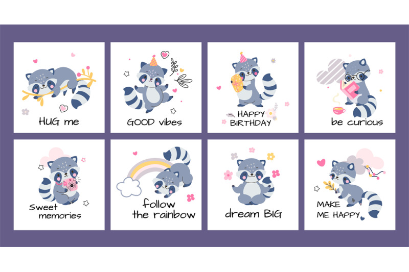 cute-raccoon-characters-postcards-templates-raccoons-curious-and-funn