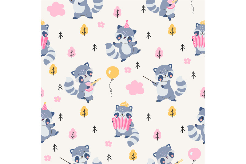 raccoon-childish-seamless-pattern-cute-raccoons-kids-wrapping-kawaii