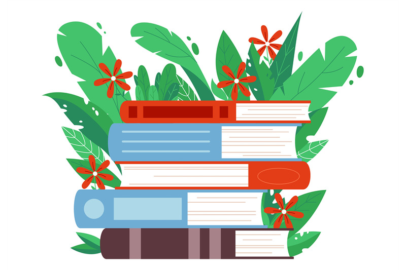 cartoon-books-pile-book-in-green-leaves-and-flowers-library-booksto