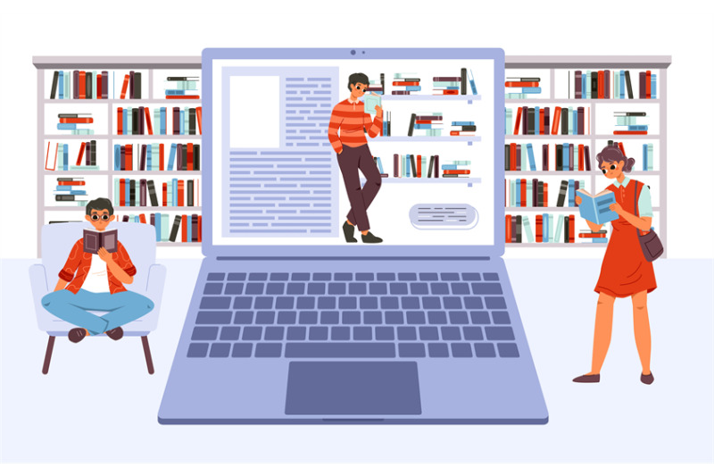 online-library-vector-concept-students-reading-boy-with-book-on-comp