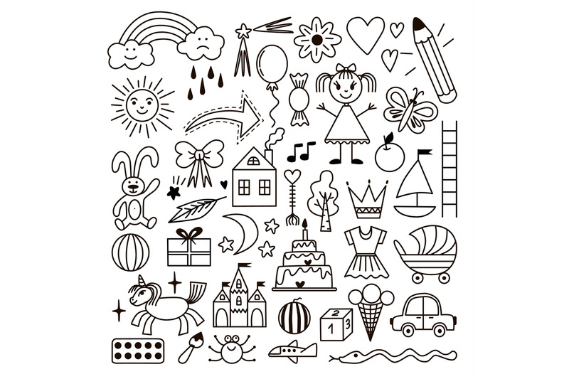 kid-doodle-icons-preschool-kids-graphic-outline-elements-children-fu