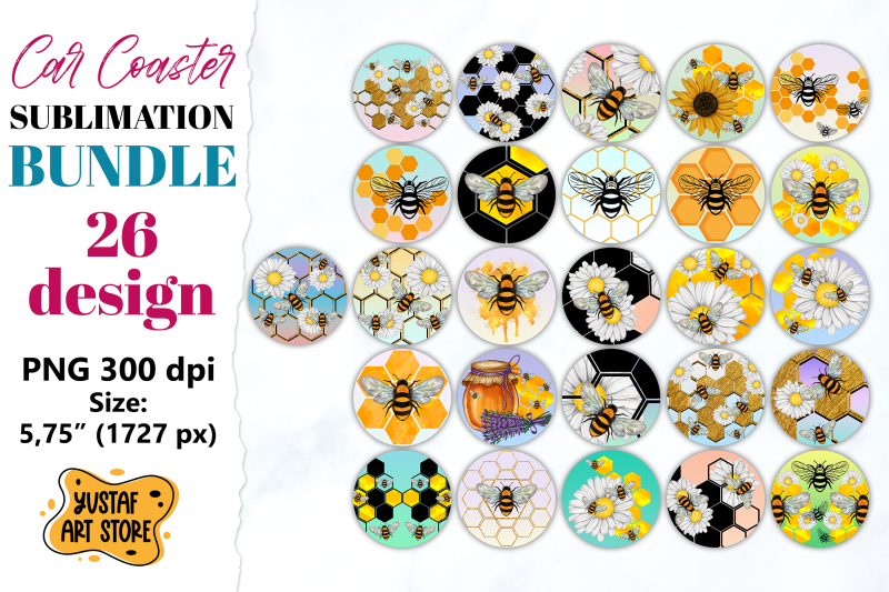 honey-and-bee-car-coaster-sublimation-bundle-26-design