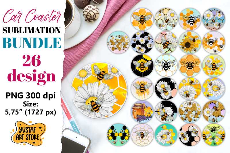 honey-and-bee-car-coaster-sublimation-bundle-26-design