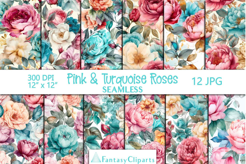 hand-drawn-watercolor-pink-and-turquoise-roses-digital-paper