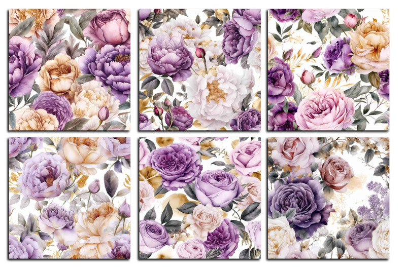 hand-drawn-watercolor-purple-roses-and-peonies-digital-paper