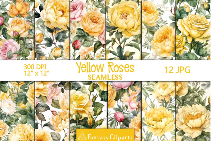 hand-drawn-watercolor-yellow-roses-and-peonies-digital-paper