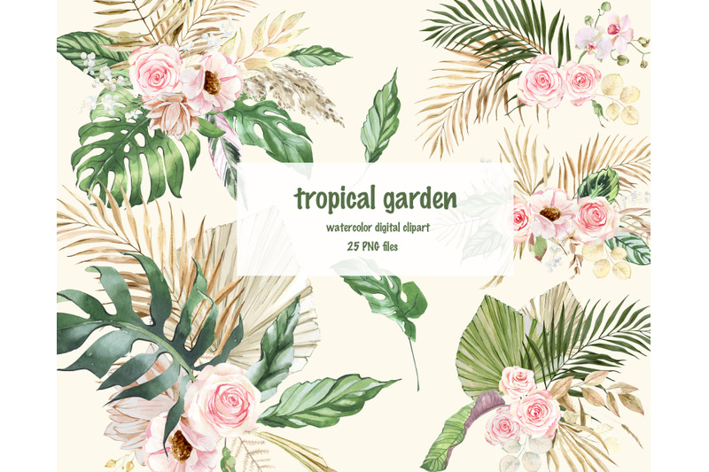 tropical-watercolor-floral-clipart-dried-palm-leaves-monstera-palm-l