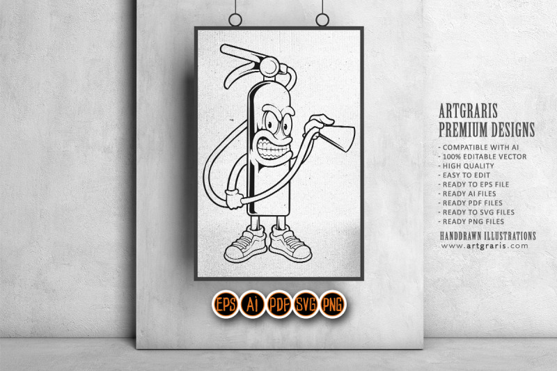 funny-cool-angry-fire-extinguishers-illustrations-monochrome