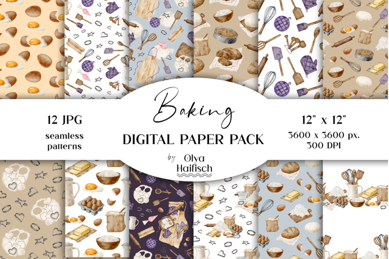 watercolor-baking-digital-paper-cooking-tools-seamless-patterns
