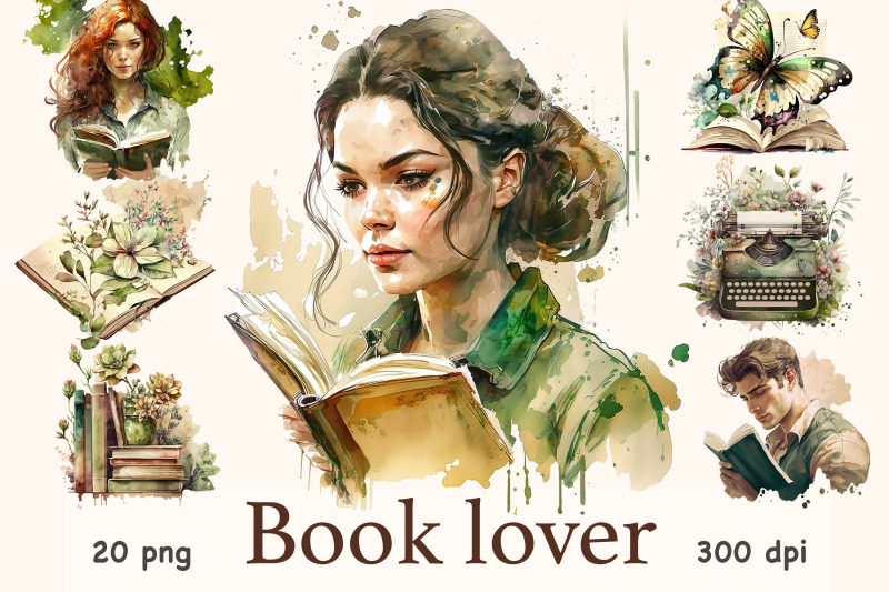 book-lover-clipart-watercolor-portrait-illustration-set