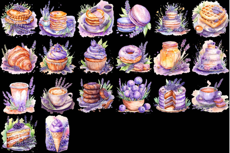 watercolor-lavender-sweets-clipart-floral-food-treats-clip-art