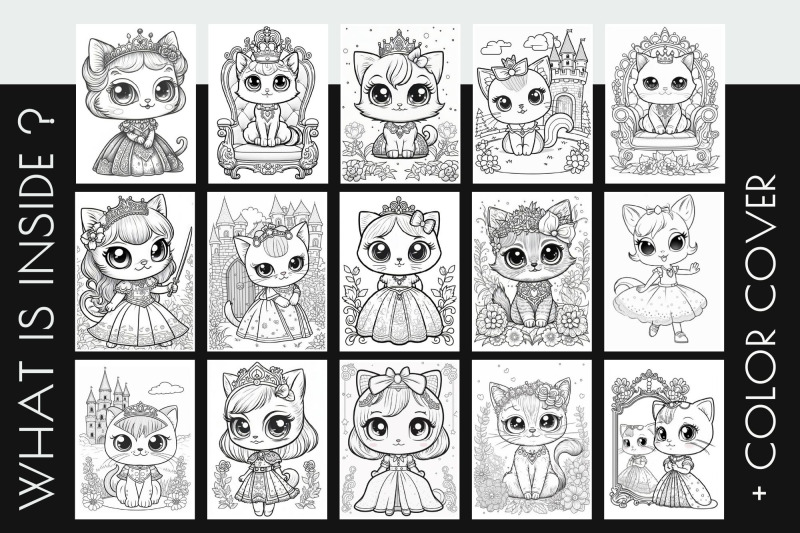 cat-princess-coloring-page-bundle-kawaii-coloring-pages