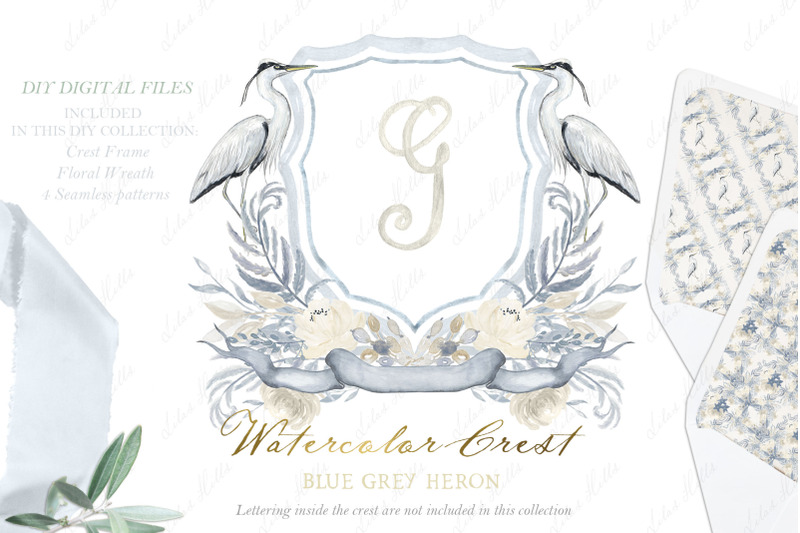 grey-blue-heron-wedding-watercolor-family-crest-diy