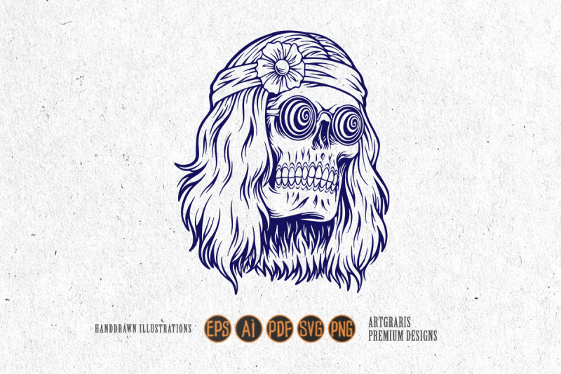 scary-trippy-skull-head-hippie-with-flower-headband-illustrations-silh