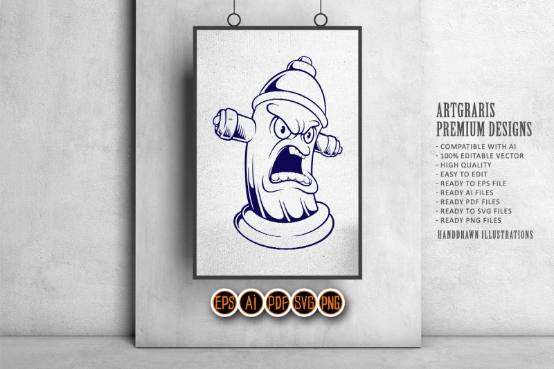 angry-classic-fire-hydrant-firefighter-logo-illustrations-monochrome