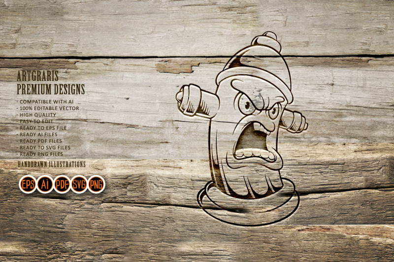 angry-classic-fire-hydrant-firefighter-logo-illustrations-monochrome