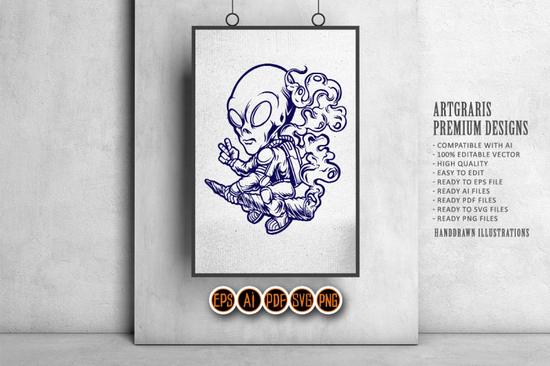 alien-astronaut-flying-with-smoking-weed-illustrations-monochrome